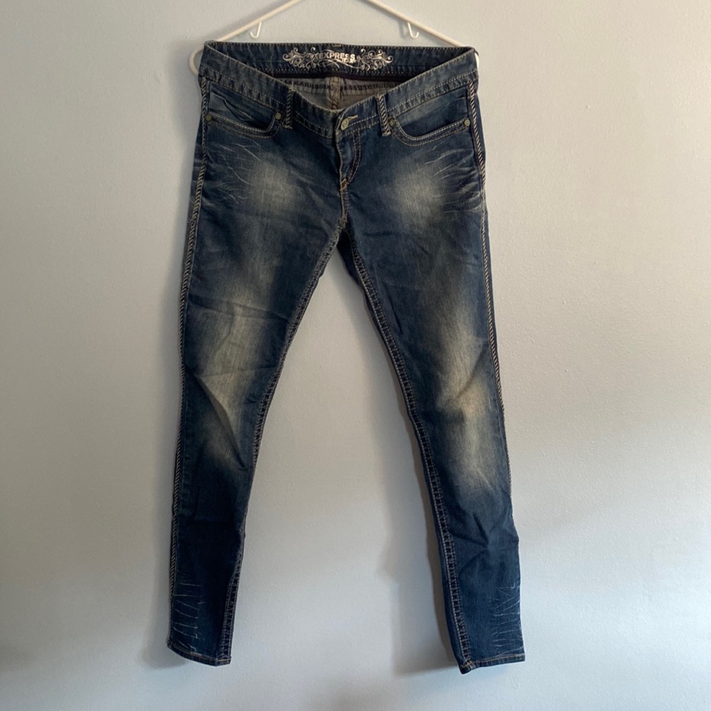 Express Women’s Jeans Blue Distressed Slim Fit Ultra Low Rise Jean Legging